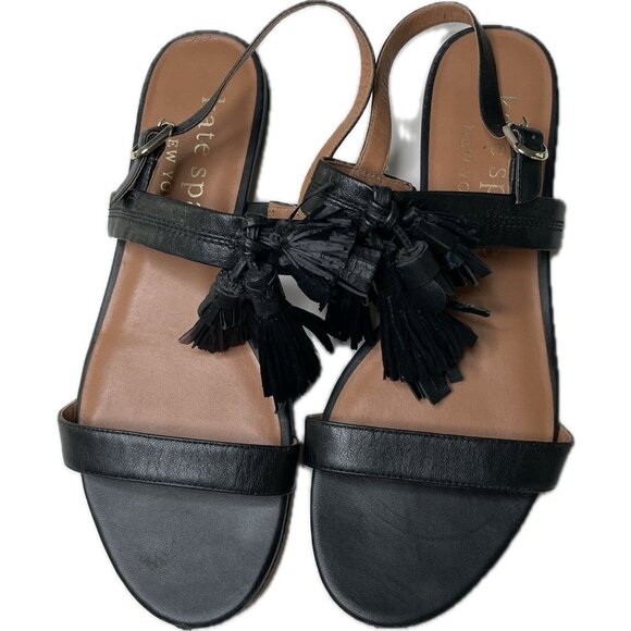 KATE SPADE NEW YORK LA DANSE Black Leather Tassel Flat Ankle Strap Sandals 10B - Picture 2 of 8